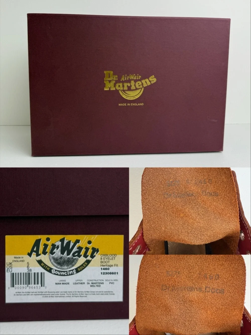 Dr. Martens Oxblood Red MIE Quilon Leather 1460 Lace Up 8 Eye Boots UK 5